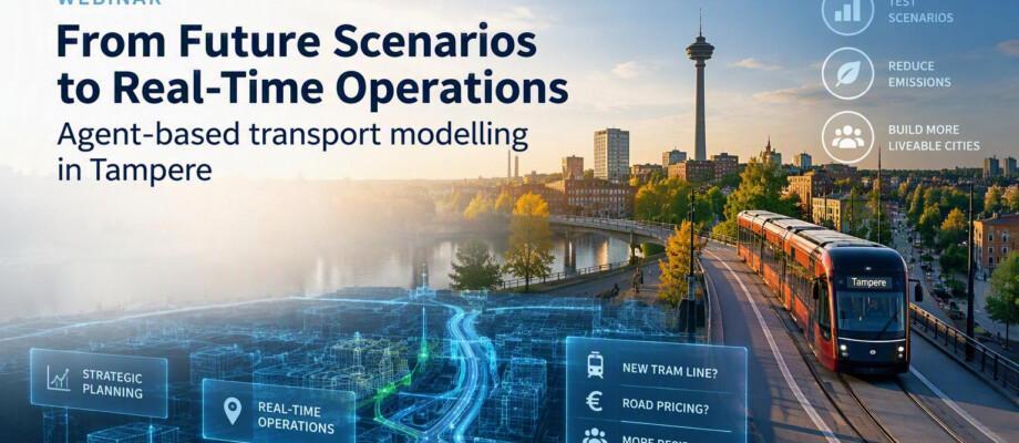 Featured image showing Tampere tram and imaginary simulation of urban transport.